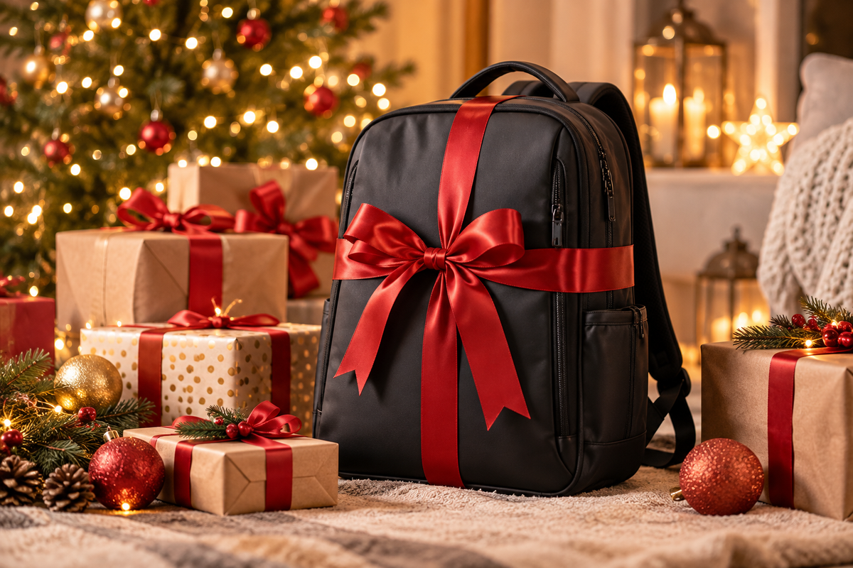 Schwarzer Arctic Hunter Rucksack mit roter Geschenk-Schleife neben Weihnachtsgeschenken unter dem Weihnachtsbaum – festliche Geschenkidee für Weihnachten.