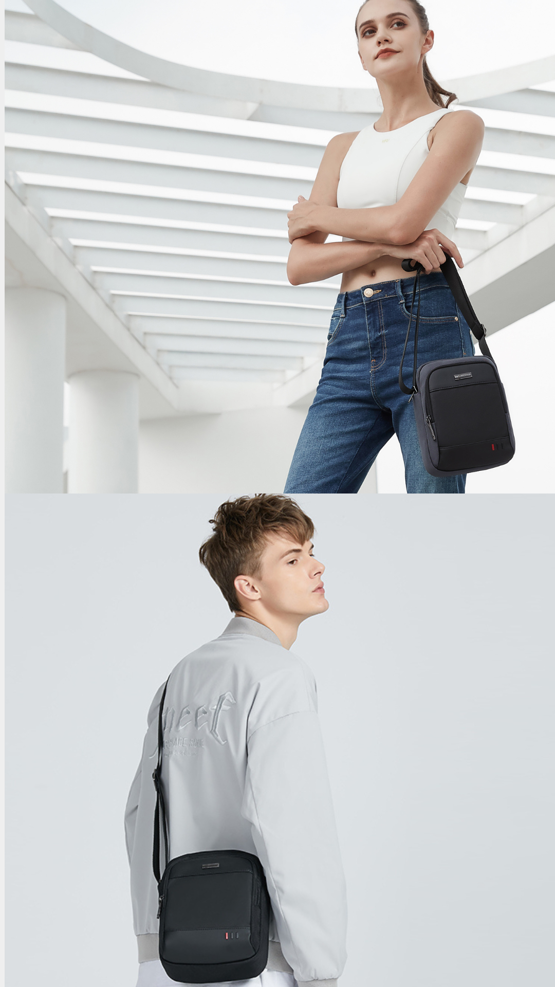 Minimalistische schwarze Crossbody Tasche für Damen und Herren im urbanen Frühlingslook
