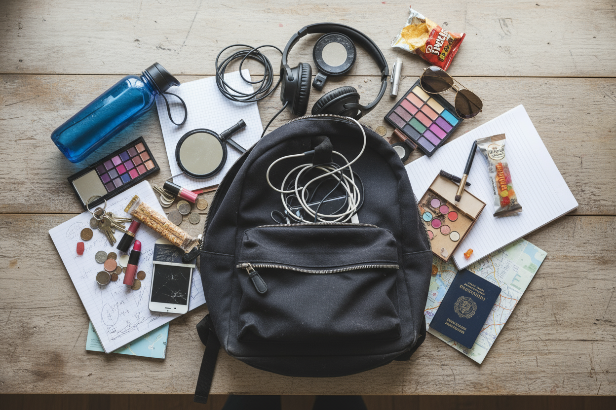 Einfacher Rucksack auf einem Tisch mit vielen Gegenständen daneben, die wegen fehlendem Stauraum nicht organisiert verstaut werden können