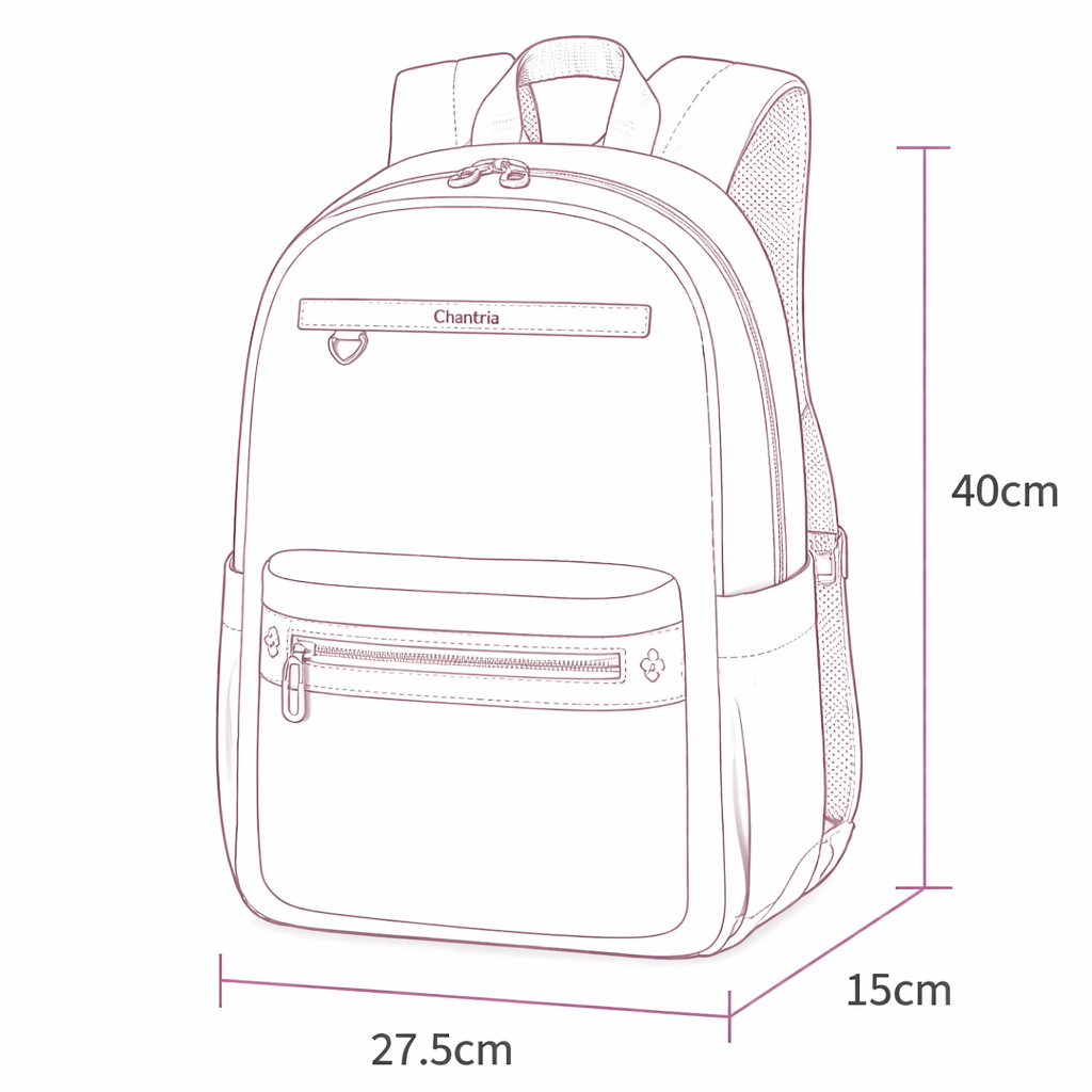 Skizze des Chantria Damenrucksacks mit Maßen und Abmessungen, geeignet für Laptop bis 15,6 Zoll