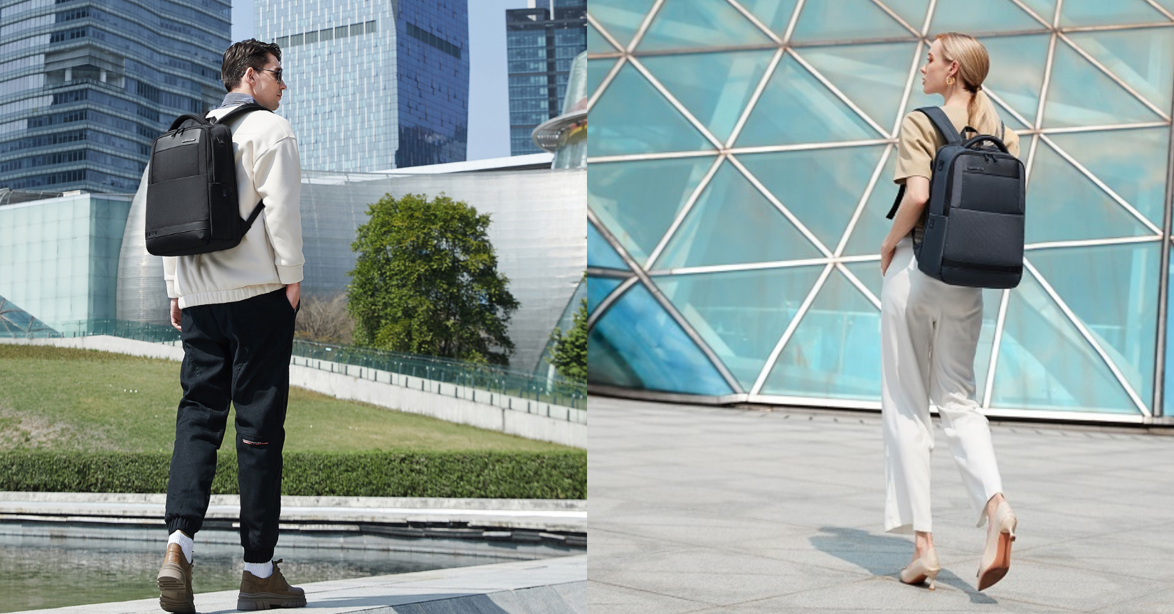 Mann und Frau trägt ClassicTech Rucksack von SC-BAG – funktional und stilvoll für Arbeit & Alltag