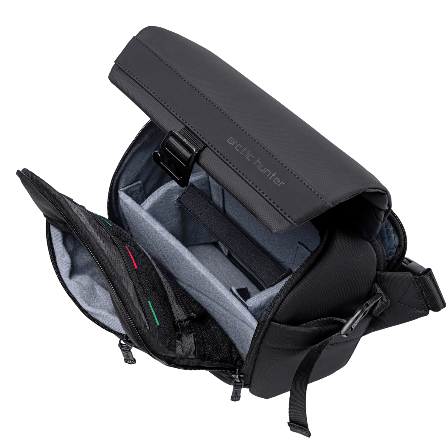 ArcticFlex Pro Kameratasche – geöffnete Innenansicht mit abnehmbarer Trennwand, gepolstertem Fach und Netzfächern für Kameraausrüstung