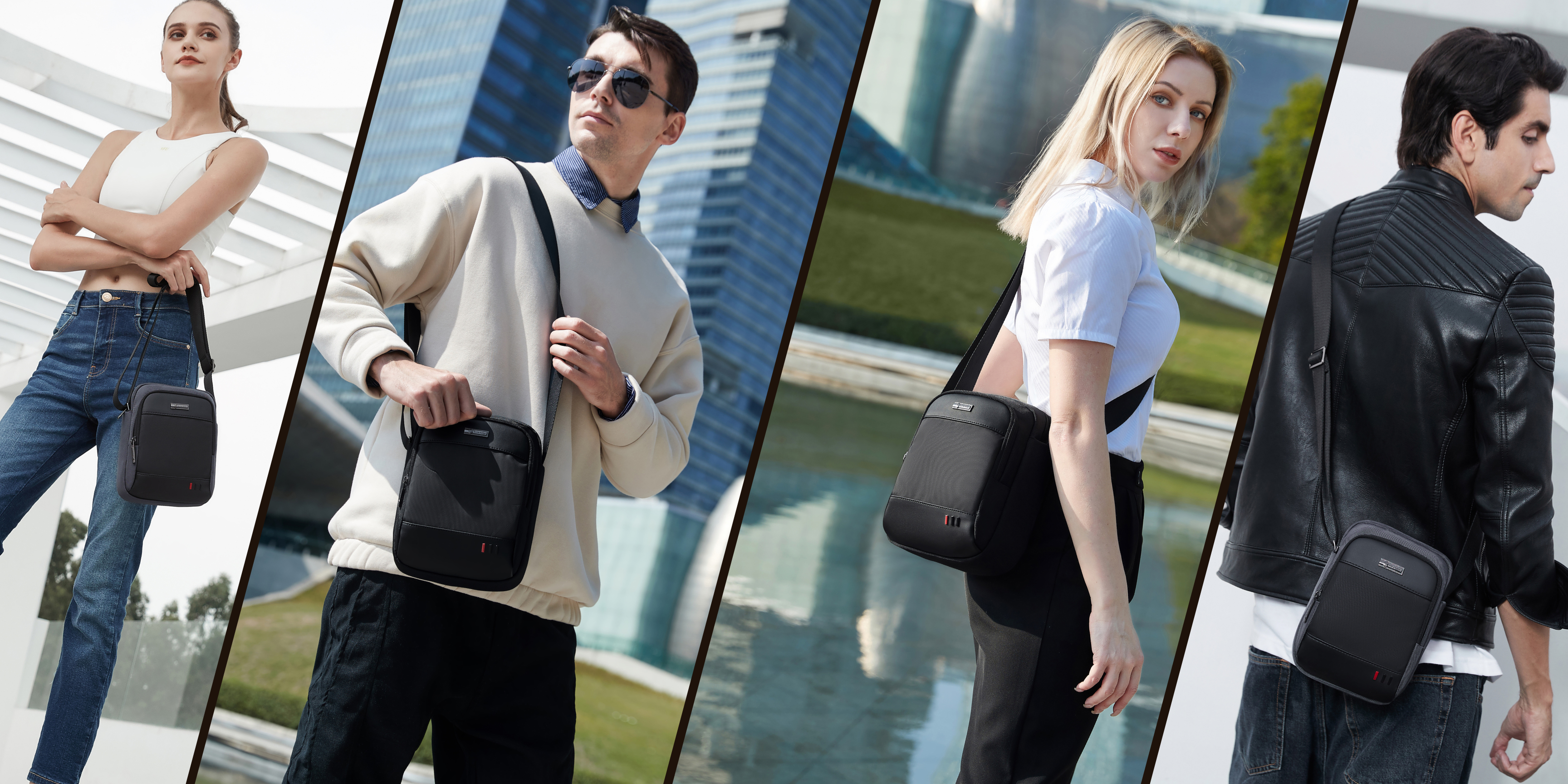 Mehrere Modelle tragen die Reisefreund Umhängetasche in verschiedenen Outfits und demonstrieren so ihre Vielseitigkeit für Alltag und Reisen.