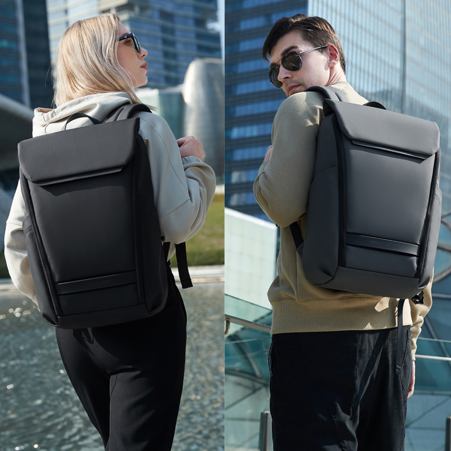 Damen und Herren tragen denselben minimalistischen Rucksack im urbanen Alltag
