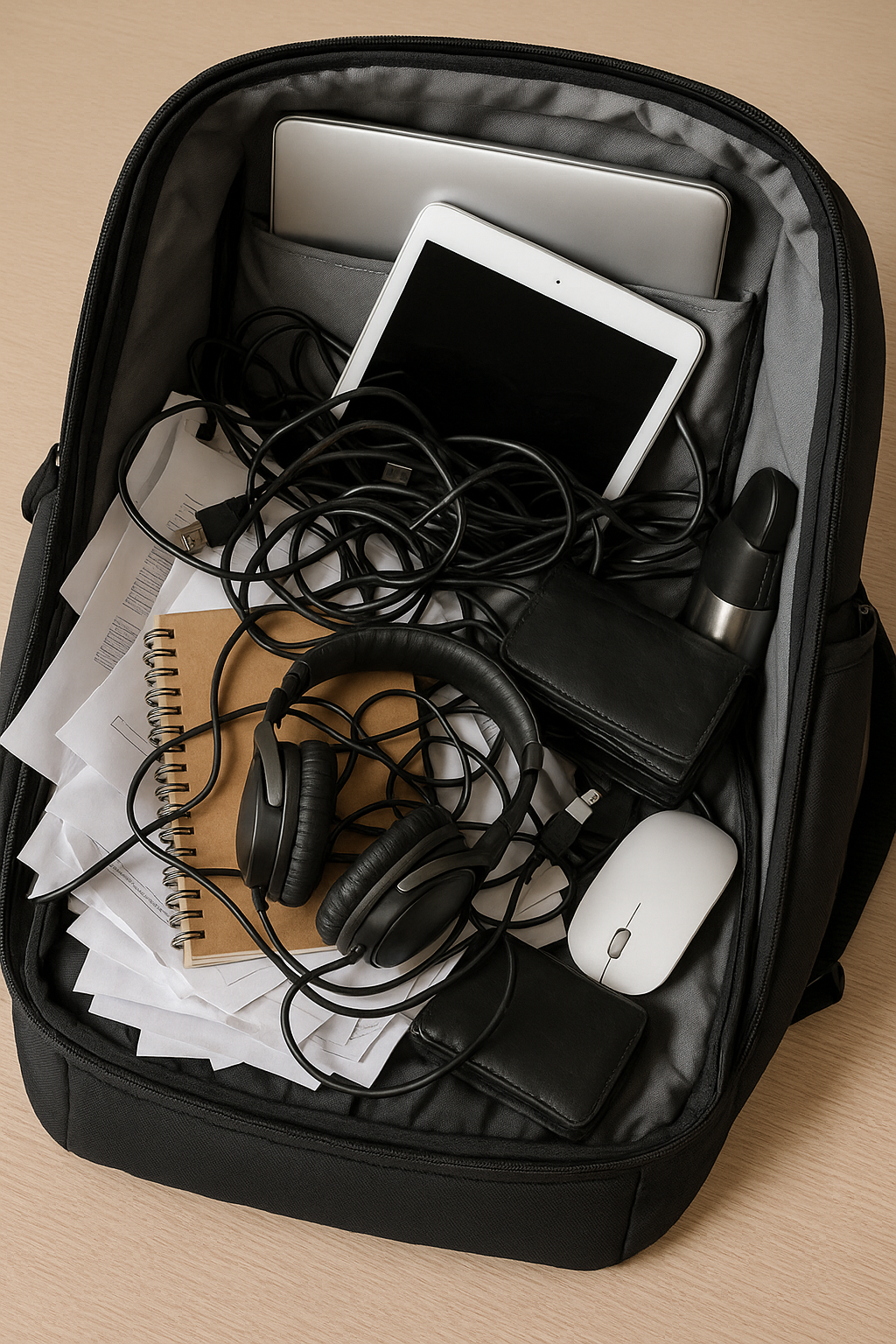 Offener günstiger Rucksack mit durcheinanderliegenden Gegenständen und wenig Stabilität.  3.