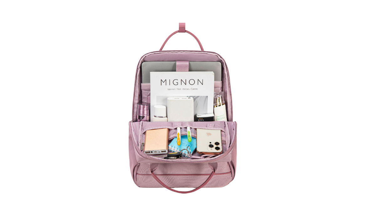 Offener SC-BAG Rucksack – ordentlich gepackt mit Laptop, Notizbuch und Accessoires, perfekt organisiert für Arbeit, Uni und Reisen.