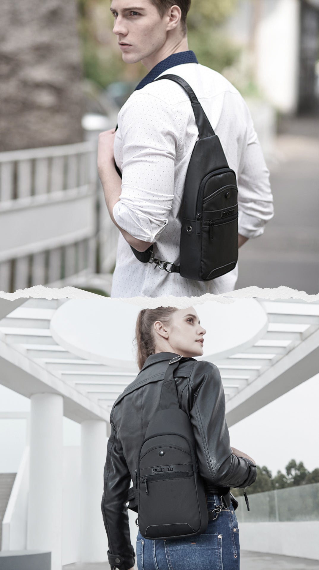 Mann und Frau tragen die gleiche Unisex Umhängetasche im urbanen Stil, leicht, modern und funktional für den Alltag in der Stadt
