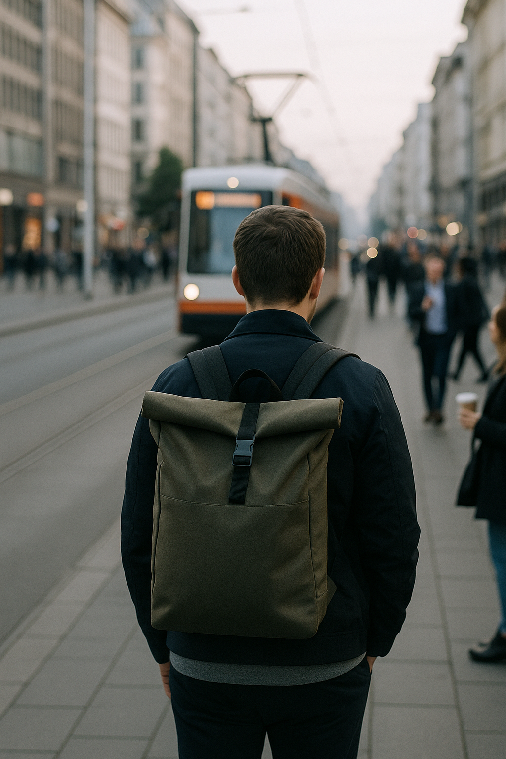Person steht an einer belebten Straßenbahnhaltestelle und trägt einen Rolltop-Rucksack im morgendlichen Stadtverkehr.