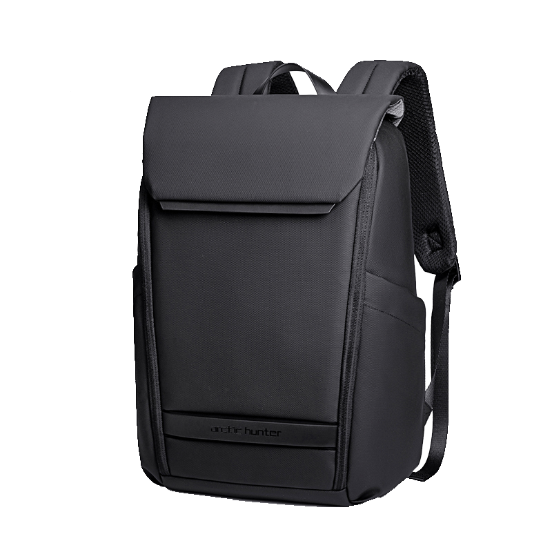 Schwarzer Flexipack Unisex Laptoprucksack – minimalistischer, wasserabweisender Rucksack mit geräumigem Laptopfach, Vorderansicht.