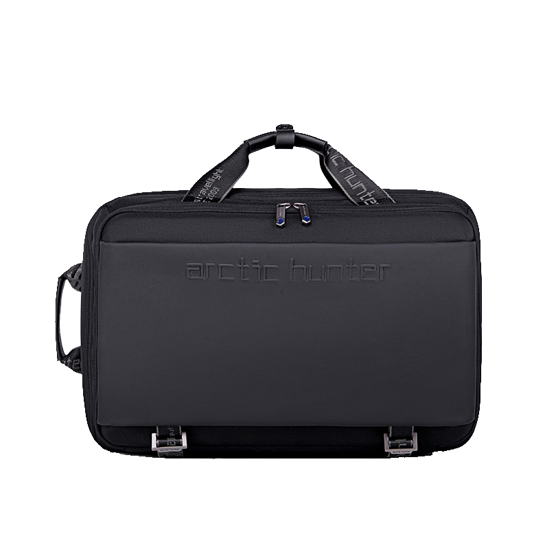 Frontansicht des Arctic Hunter Expandable Explorer in der Tragefunktion als Aktentasche mit sichtbarem Logo, stabilen Handgriffen und Reißverschlussfächern.