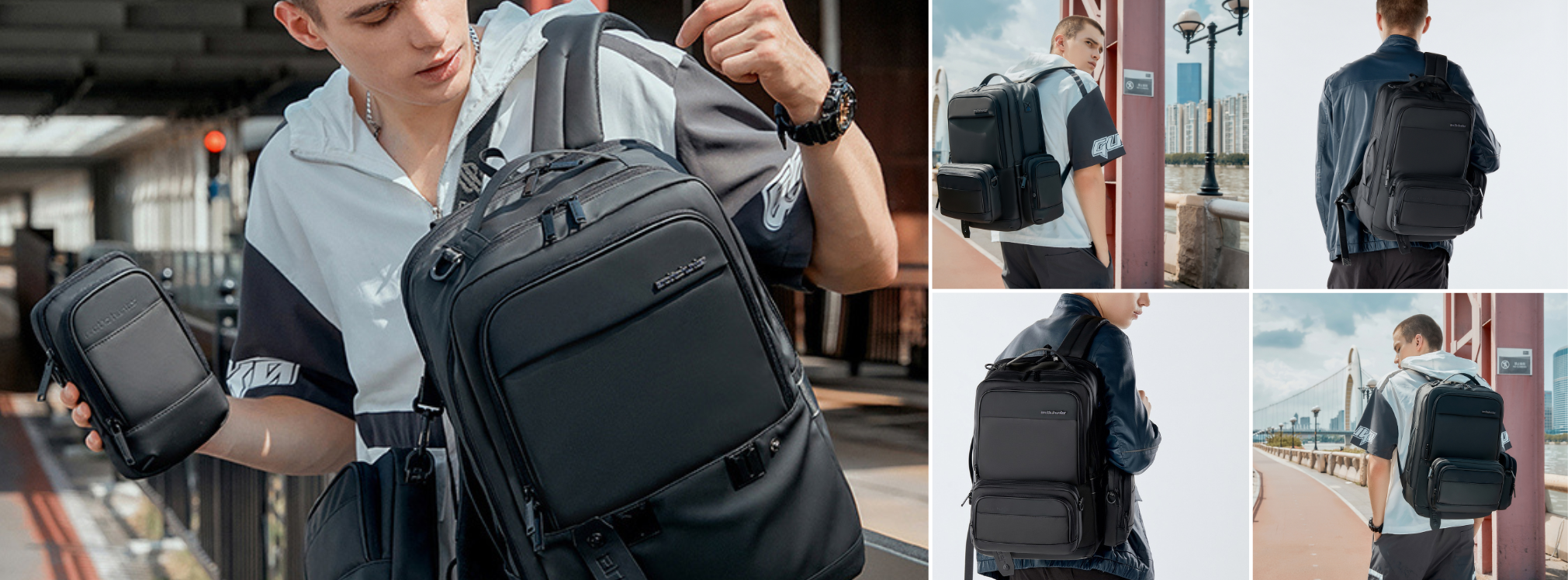 Collage zeigt einen Mann mit dem TravelMate 3-in-1 Rucksack von Arctic Hunter in verschiedenen Stadtsituationen im Alltag.