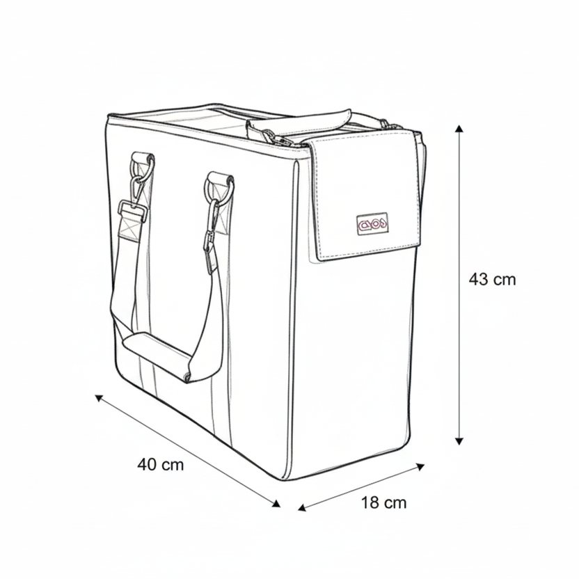 CSOS Fußraum Tasche, ein schwarzer Auto-Organizer, vertikal ausgerichtet, mit Tragegriffen und einem Schultergurt. Die Tasche zeigt das CSOS-Logo und ist für die Organisation im Auto konzipiert.