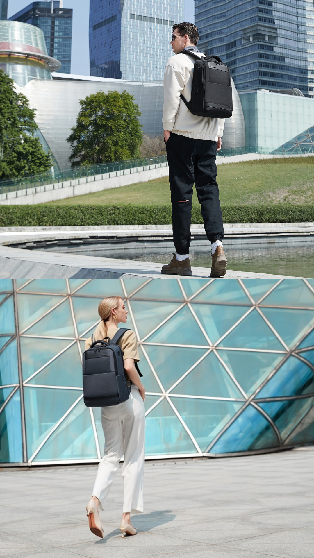 Minimalistischer Unisex Rucksack für Damen und Herren, getragen in urbanem Business- und Alltagslook, vielseitig und hochwertig