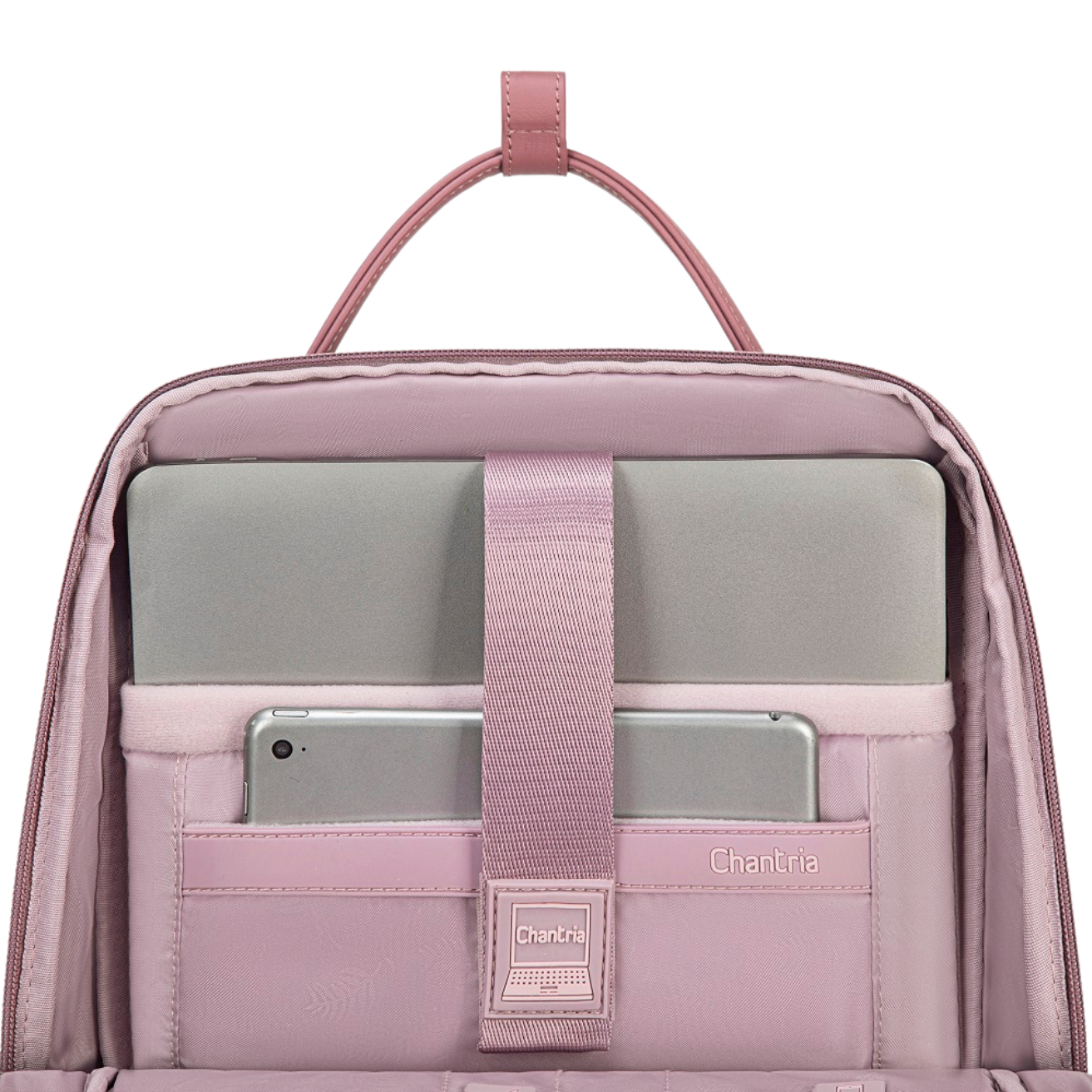 Innenansicht des Damen Rucksacks Chantria mit gepolstertem Laptopfach, Tabletfach und Organizer in Rosa – stilvoller Business- und Alltagsrucksack für Frauen