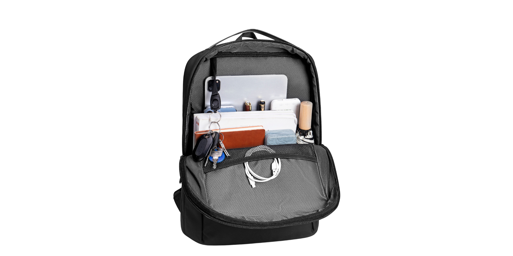 EasyCary Rucksack nach dem Packen – perfekt organisiert mit Laptop, Kabeln und Alltagsutensilien
