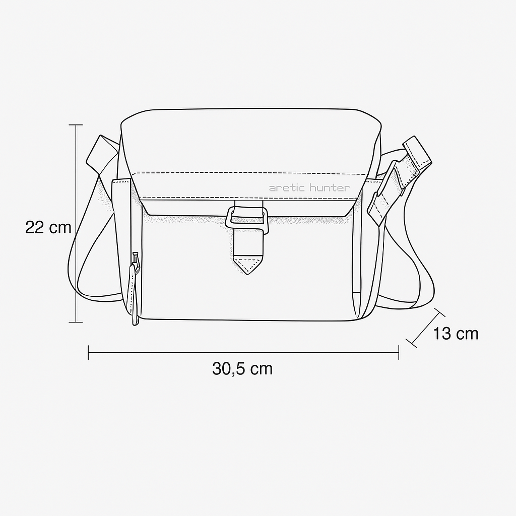 Technische Zeichnung der ArcticFlex Pro Kameratasche – Frontansicht mit Abmessungen 30,5 × 13 × 22 cm, zeigt kompaktes und funktionales Design.