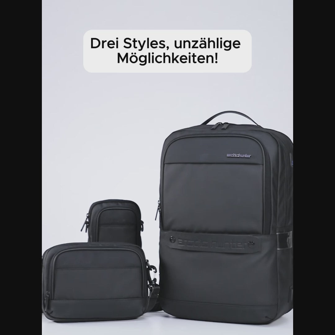 Video zeigt, wie die zusätzlichen Taschen am TravelMate 3-in-1 Rucksack befestigt und mit persönlichen Gegenständen gefüllt werden.