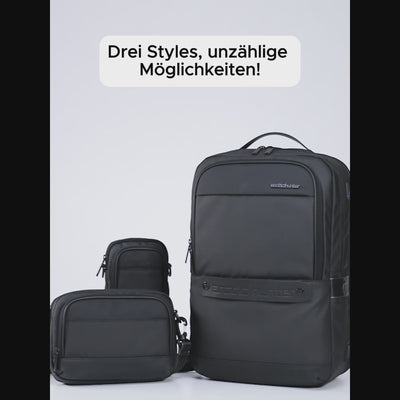 Video zeigt, wie die zusätzlichen Taschen am TravelMate 3-in-1 Rucksack befestigt und mit persönlichen Gegenständen gefüllt werden.