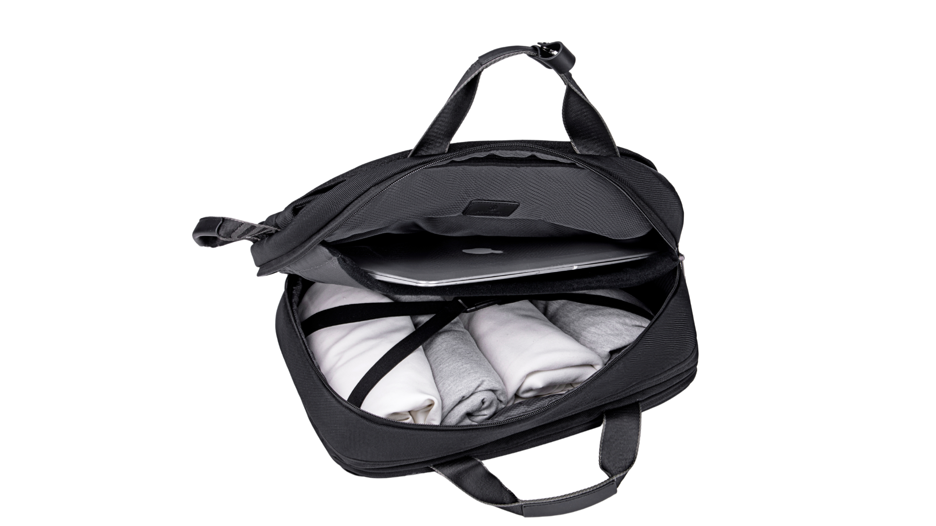 Schwarze Multifunktionstasche mit Laptopfach und Kleidung, perfekt für Reisen, Wochenendtrips und mobiles Arbeiten.