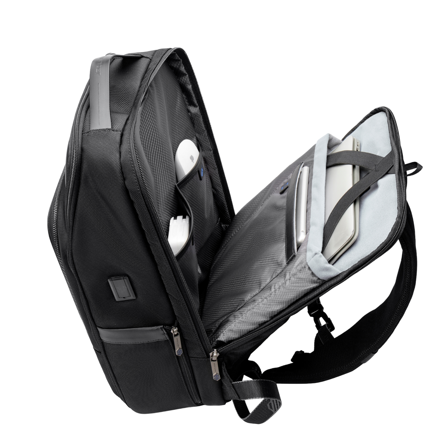 Halb geöffneter Rucksack in seitlicher Perspektive mit Laptop und Dokumenten